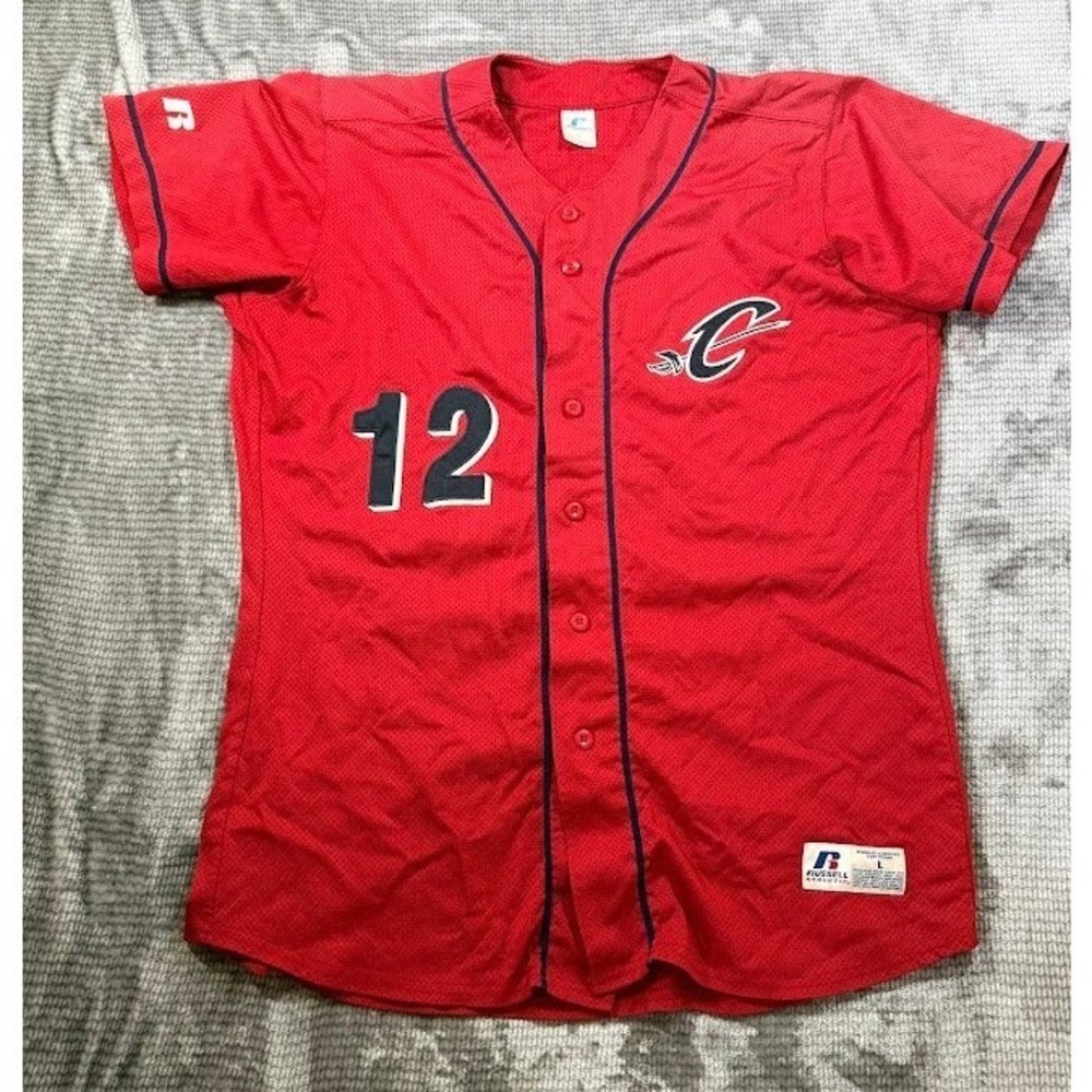 Cleveland Cavs Russell Athletic Baseball Jersey Mens‎ L Red Button Up Mesh #12